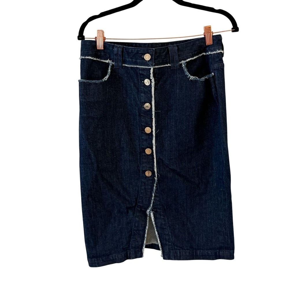 7 For All Mankind Y2K Denim Pencil Skirt 28 Blue Button Front Slit Raw Hem